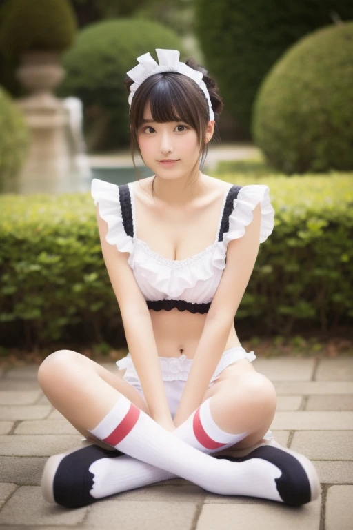 A 20-year-old maid with a cute face like an idol and a naughty personality　Smiling Kindly　Japanese maid cafe outfit　Maid clothes　mini skirt　Cosplay　Cleavage　Medium bust　garden　Crouching　Showing her panties　Showing her panties　RAW Photos　Natural light　Genuine　Genuine　Real Stick　High resolution　RAW Photos