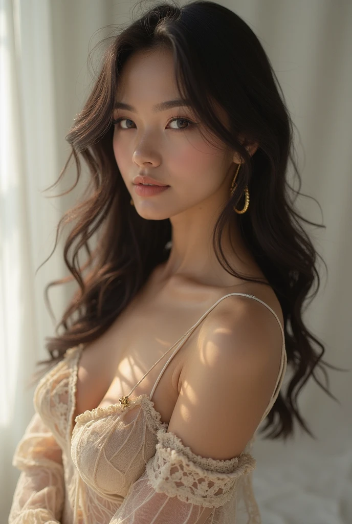 Mastepiece、Best Quality、Super detailed、High resolution、Dynamic composition、Beautiful details in the eyes、Women's Fashion Summer、Medium Hair、Natural color lip、A shy smile in a bold, sexy pose、20 year old girl、Clear、cute、Sexy shot of her looking at the camera