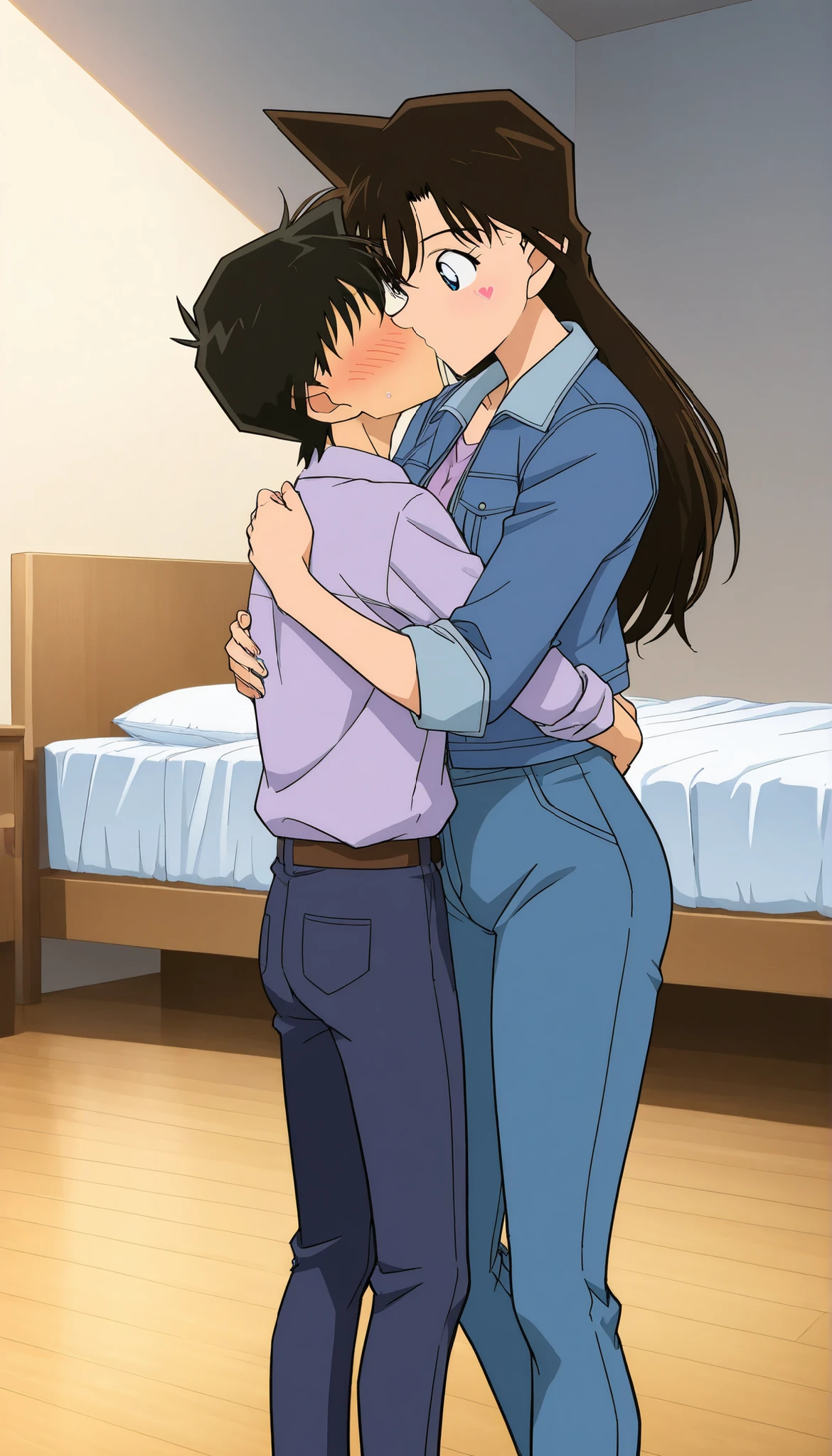 kissing,masterpiece,High Quality,{{Beautiful face and eyes with attention to detail}}, very detailed background,the background is the Bedroom,Bedroom, Mouri Ran,long hair Brown hair, blue eyes, gagged cloth, tape gagged, blue pants, blue open jack, purple shirt under jacket, t ,Ran mouri,1girl,solo,blue denim jacket with rolled-up sleeves over a light purple collared shirt,dark pants with a brown belt、A kind sister、masterpiece、High Quality、high definition、 Pretty Fingers、 Glowing Lips 、uniform、(Put on clothes),make your face bright red横たわり、(kissing、ディープkissing:1.3)、(向かい合い密着し抱きつきkissingをする:1.0)、女性と幼い少年が向かい合って抱きつきkissingをします、Face to face hug 、Shiba Inu launched from a,entangle your feet、女性はentangle your feet、(loving kind woman )、(little short boy、women have an advantage over boys)、(short, with no eyes)、short boy with short black hair、short boy 、(height difference、differences in body size)、(girl 1 boy :1.0)、(Smile Yan,blush:1.1),women have a gentle expression、embarrassed face、Embarrassing Expressions、Women Are Happy 、Anyway, happy woman with dark forehead、happy and irresistible women、make your face bright red 、women have a naughty expression、pose wearing a boy's skirt、joy、mouth、drool、 grabs a woman's breasts 、white breath、hot、Steam、heart mark、 lovey-dovey mood 、Bedroom、in the Bedroom、 body、full bodyフォーカス、kissingフォーカス、top view angle,, boy's butt grabbed