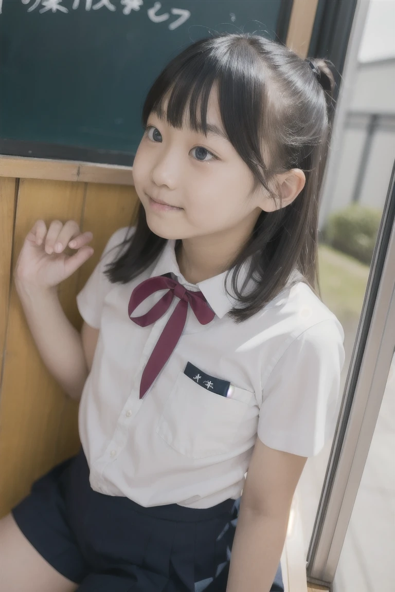 Japanese,10 years old,Innocent face,Teenage Girl,cute,Primary school students,Private elementary school,uniform,Summer clothes,Sitting