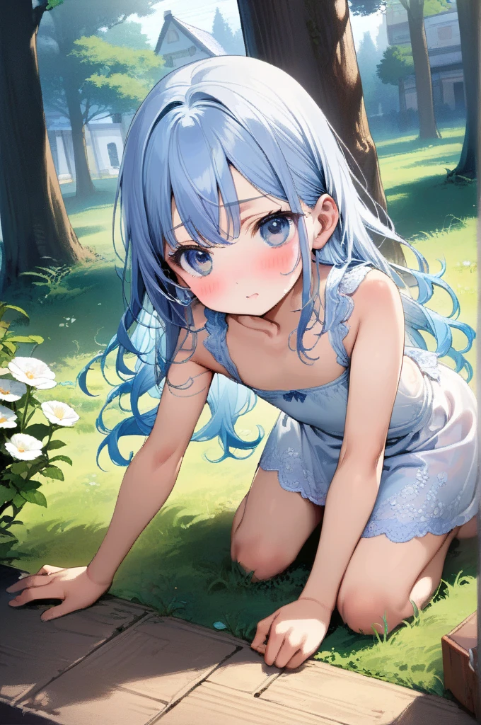 beautiful detailed girl,(masterpiece,best quality,extremely detailed:1.2),((cowboy shot:1.1)),(solo,10 years old,kawaii,slender,small breasts:1.25),(pained look:0.8),((white underwear) in ((Torn school uniform)):2),(dirty:2),blush,shy,weep,standing,(deep forest:1.5),(hug:0.4),rating: general, newest,Sexy face