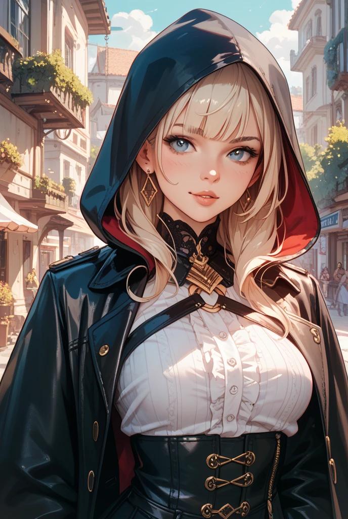 (((masterpiece, of the highest quality, super detailed))), (a witch belonging to an occult order of knights), (a knight crossed with a witch), Victorian era inspired, ((minimal but intricate beautiful armour)), Fluttering lace flared dress with frilly petticoats, ((nier automata meets bloodbourne)), (big forhead:1.2), ((dark hair)), (((Very sharp focused eyes))), very long eyelashes, occult aesthetic, (red and white clothing detailed and intricate steampunk and detailed gothic), (with a hood), complex lace boots,