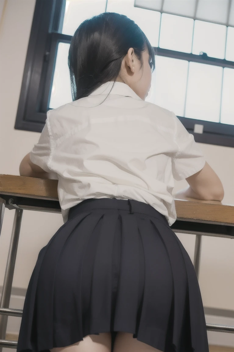 {(japanese high school girl)}, Lower your head and raise your hips on all fours, white striped pantie, wet pantie, camel toe:1.2, plump pussy,, white knee socks, thick eyebrows, sad, embarrassed, (完璧な4本の指, 親指1本),(from behind:1.1), in classroom,,(viewer hand is massaging her pussy:1.3).
