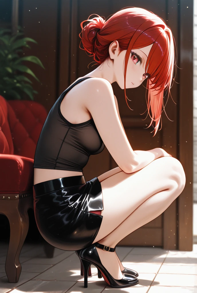 white t-shirt, black shorts, absurdres, RAW photo, extremely delicate and beautiful, masterpiece, Best Quality, ultra high resolution, 32k, hyperrealistic, ultra-detailed, detailed description, pale skin, 20 years old, tearful mole, earring, short medium hair, wavy hair, whole body shot, legs, Redhead, Red eyes, 