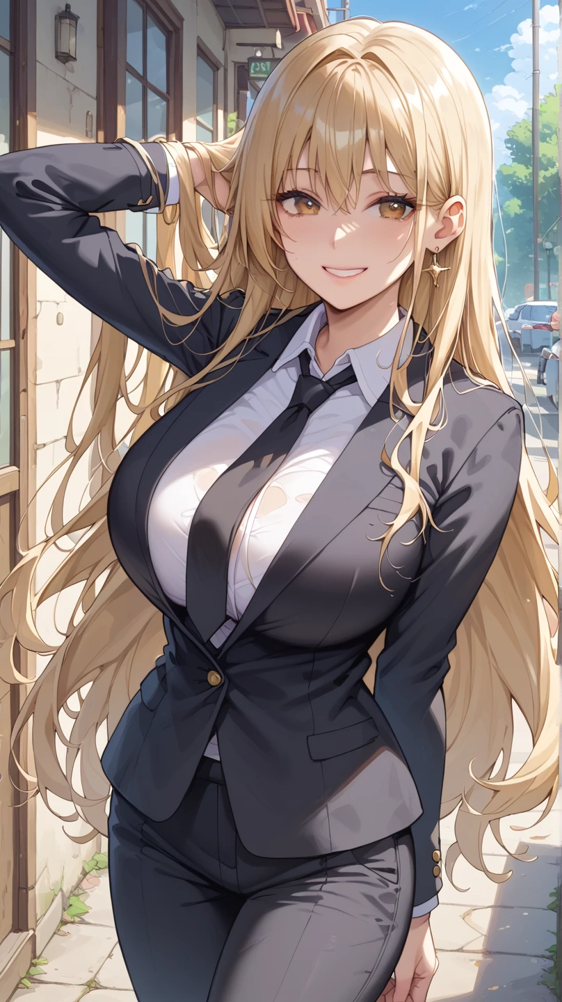 beautiful detailed girl, sexy female mafia boss, wearing office suit and long transparent coat, blonde hair, slender, Youthful expression, large breast, massive cleavage exposed, huge buttock, walking in the hallway