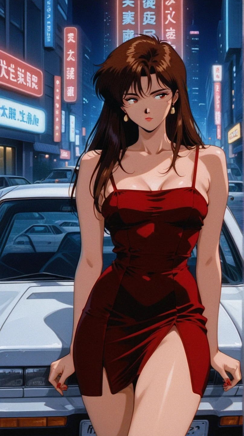 em uma rua iluminada com uma Bugatti atrás Illustration in styles of Harrison Fisher, Jeremy Mann, Alexandre Cabanel, and Tomer Hanuka, of a stunningly beautiful lady sexy big big tits decote em V Angelina jolie girl Power fênix + Hinata Naruto clad in an long dress, em seus pés with the contradiction of men's sandália, atmosphere that balances the delicate and the rugged, soft pastel hues for the dress pink yellow Red contrasting their sturdy, leather exterior, textures that interplay tone as if at