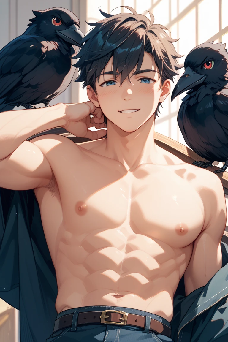 NSFW, short boy, feminine small shotacon, holding crow pet, small fragile body, black fur-lined clothes hanging on the shoulder, little to no clothes (showing core body), black hair, very messy mullet hair, bangs, shining crimson eyes, masterpiece, 8k, photorealistic, chiaroscuro lighting, dramatic shadows, cinematic composition, coast background, wearing black short, sharp black nails