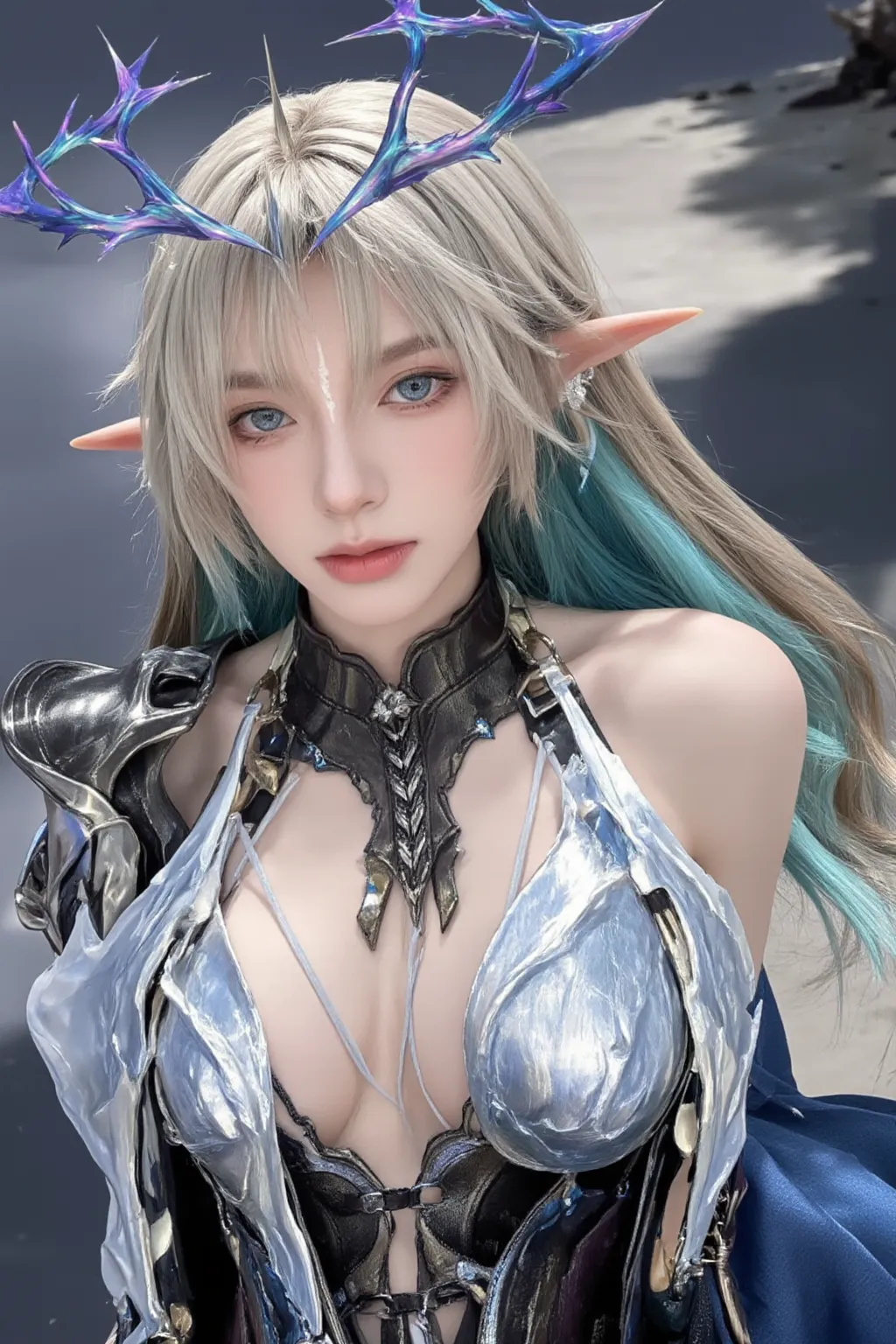 Ultra-detailed complex 3D rendering of the face, (masterpiece, top quality, octane rendering,), glamour shots full body image, very beautiful young elves, cleavage, (highly detailed skin: 1.2), (exposure: 1.1), ((blue micro bikini: 1.95)))). , 8k, (((very soft breasts)), (((conspicuous large pink areola)), beautiful Caucasian woman with white skin with full soft breasts with big buttocks, one, long braided hair, big breasts, dynamic angles, (((huge breasts: 2.4)), ultra-realistic photos, ((((((silver hair)))), futuristic urban background, facial muscles, (((((detailed and glamorous silver crown)))), In the style of Marvel Comics, ArtStation Trends, Clear Focus, Intricate Details, Very Detailed, Detailed Green Eyes, Sharp Focus, Digital Rendering, Professional, Abs, Lip Gloss, Glossy Skin, Sexy Pose, Golden Tattoo All Over Body, Silver Pattern All Over Body, Silver Lame Skin, Gold Glitter Skin, Mansuji, Buttocks, Jeweled All Over the Body, with silver scales, silver hair,