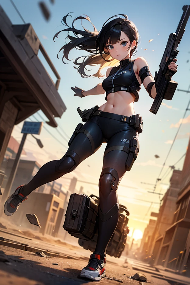 motor world,irreal:1.4,CG ultra realista 64K, fotorrealista:1.4, textura de la piel:1.4, obra maestra:1.4,Hermosa mujer con sombrero de pelo largo、pointing gun, futrastic gun, showing clevage, saggy breast,laser background, assault rifle, kalashnikov rifle, trigger_discipline, low-ready Ropa corta estilo cyberpunk bike,color amarillo, pantimedias red, sexzy elastic dress