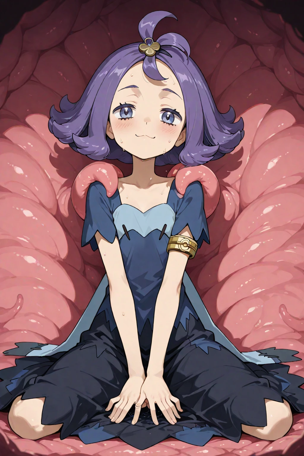 (masterpiece, best quality), 1girl, <lora:Acerola_Pokemon:0.8> acerola (pokemon), purple hair, purple hair, topknot, flipped hair, collarbone, purple dress, sleeves, stitches, multicolored dress, armlet,