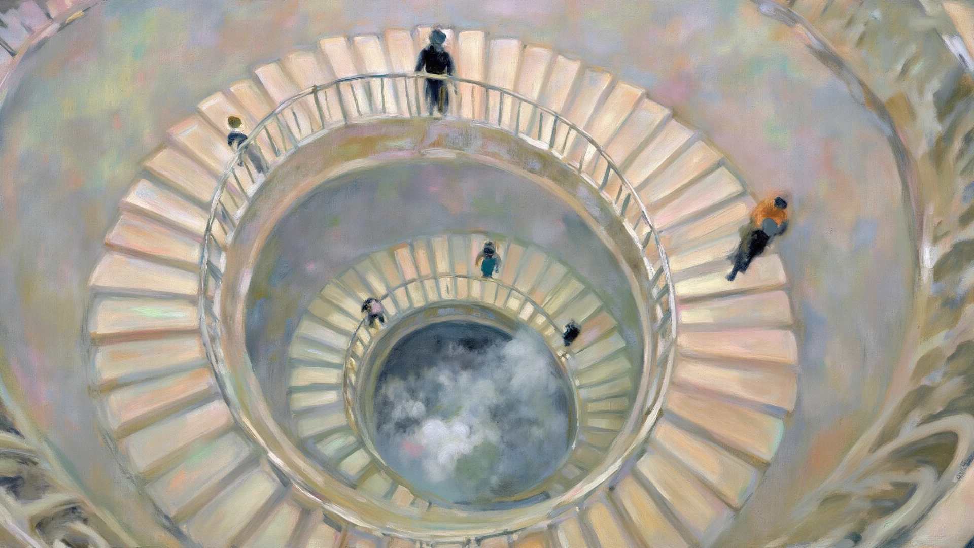 a person々A painting of a spiral staircase going up it, by Dali, inspired by Dalí, Dali style, in style of salvador dali, inspired by Dalí, Dalí's style, surrealism painting, salvador dali style, Inspired by Salvador Dalí, surrealism art, style of salvador dali, ( ( ( surrealism ) ) ), Surrealism oil on canvas, by Salvador Dali
