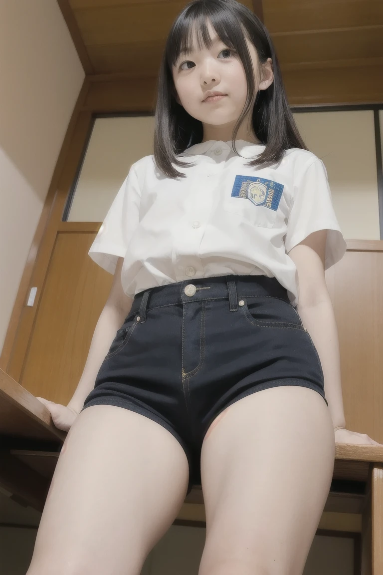 a 18 year old girl, Inside the elevator, You can see the city background through the glass., Bokeh, Perfect Figure, (((Hand-lifted skirt, boxer shorts, I can see the panties))), ((My eyes crossed, captivating)), Short T-shirt, slim tummy, (mini-skirt:1.2),(Spread your legs), varied pose, Lift the skirt with your hands, See below, panties in skirt
