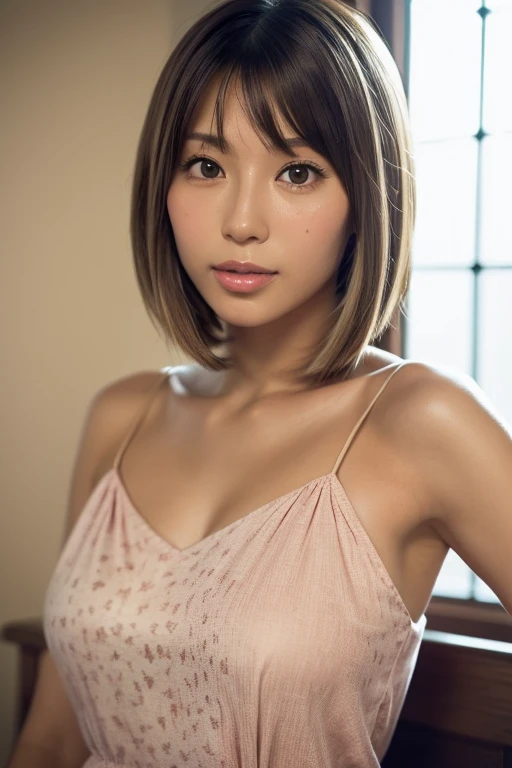 ((Top Quality)), ((8K)), ((Masterpiece: 1.3)), (Perfect Appearance), (Photorealism: 1.6), 1japanese woman, (40 years old), short bangs, long hair, (Transparent camisole: 1.2), (Portrait centered on upper body: 1.4),