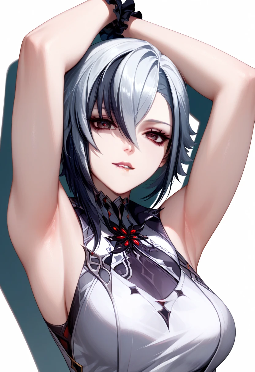 8k,best quality,masterpiece,(ultra-detailed:1.1),(high detailed skin),
<lora:Arlecchino-v100:0.8>,Arlecchino,1girl,breasts,armpits,dress,multicolored hair,short hair,white dress,black hair,covered navel,tattoo,arms up,symbol-shaped pupils,hair between eyes,looking at viewer,medium breasts,streaked hair,grey hair,two-tone hair,red pupils,red eyes,arms behind head,sleeveless,sleeveless dress,white hair,x-shaped pupils,
(beautiful_face),((intricate_detail)),clear face,
((finely_detailed)),fine_fabric_emphasis,
((glossy)),full_shot,