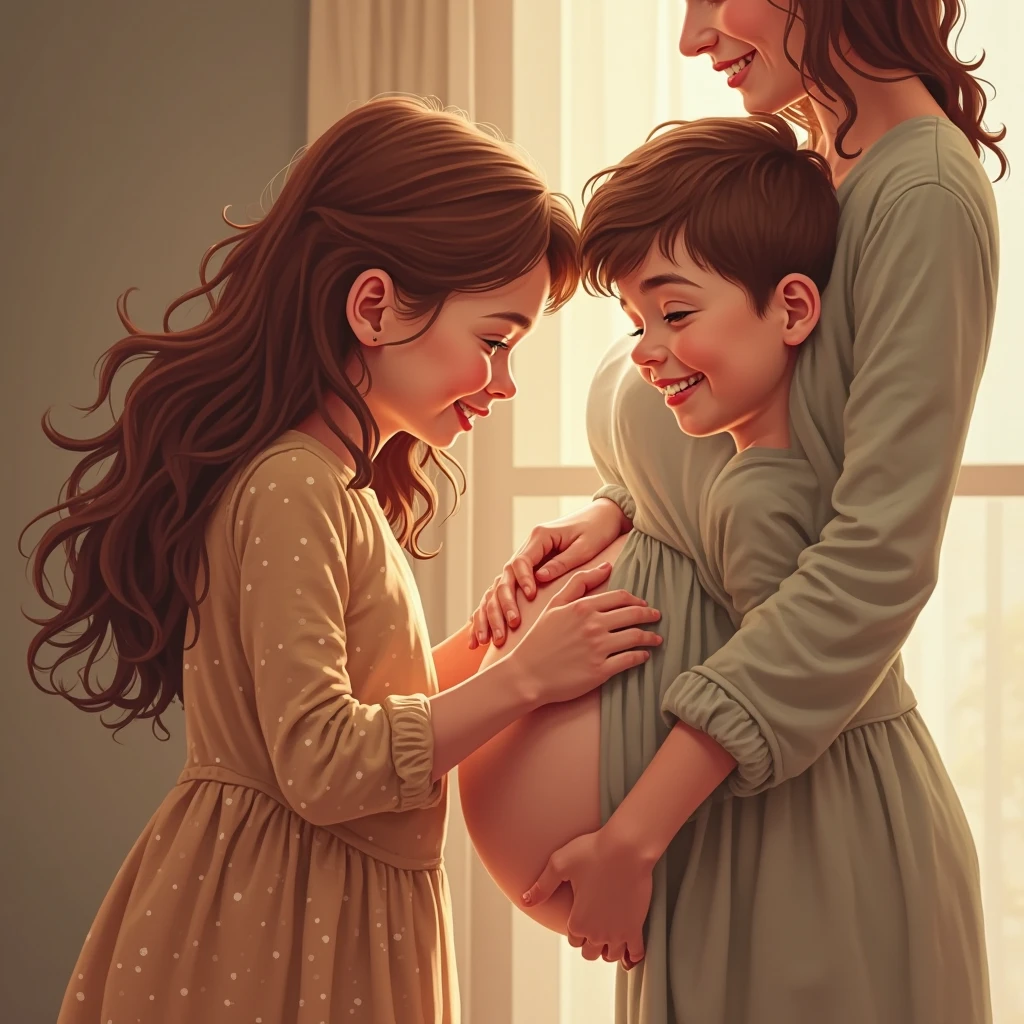 A black hair asian women wearing dress is holding hand with long red hair mature asian women age 3 with big breast wearing singlet and her two her sons besides her