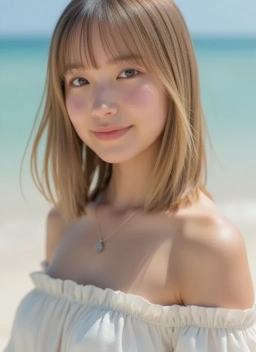 girl, White skin, ((Dark brown short tiered hair)), (Dark brown short hair),V cut with layers and bangs, Brown eyes, Soft atmosphere characteristics (Highest quality, Ultra-high resolution, 8k, RAW Photos, Ultra-high resolution: 1.2, masterpiece: 1.3), (Realistic, Realistic: 1.37), Very detailed, Professional Lighting, Photon Mapping, Radio City, 物理ベースレンダring, 一人のgirl, (high school girl), Sharp focus:1.2、Beautiful woman:1.4,cute, Nice,(Adorable smile:1.2), Normal chest, Cross Necklace、Earrings、ring,(Cleavage)、((( Bandeau bikini:1.2),(looking at the camera:1.2),Palm tree,Sandy Beach,At Waikiki Beach)(),(Selfie:1.1),