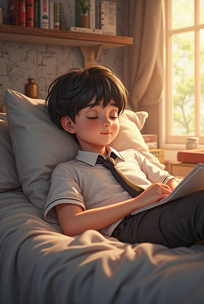 guttonerdvision3, Create an illustration that depicts a 3-year-old boy wearing glasses, lying peacefully on his bed. He's tucked in comfortably, his head resting on a pillow, sleepy. The room is adorned with shelves filled with stuffed animals, creating a cozy and playful atmosphere.
Outside the house it's dark night. The lighting in the room is minimal, coming only from a bedside lamp. The rest of the room is shrouded in darkness, with the only light illuminating the immediate surroundings of the sleeping boy. The window is covered by a thin curtain, allowing a subtle glow from the outside to filter inward.
Pay meticulous attention to detail as you capture the features of the boy's face, the texture of his skin, and the way his glasses rest on his nose. Render the softness of the bedding and the comfort of your sleep with delicate brushstrokes, creating a sense of tranquility.
Shelves full of plush toys should be depicted with meticulous precision, capturing the different textures and colors of each stuffed animal. Use shading techniques to convey depth and three-dimensionality, bringing the scene to life.
Incorporate the realism characteristic of Alex Ross' art style by paying attention to lighting and shadows. Play with subtle highlights and shadows to create a sense of depth and dimensionality throughout the illustration. Make sure the composition and proportions are accurate and visually appealing.
The end result should be a highly realistic and detailed illustration that depicts the tranquility and innocence of a 3-year-old boy sleeping peacefully in his decorated bedroom. The artwork should evoke a sense of serenity and tenderness, capturing the unique style and attention to detail that recalls the work of Alex Ross. --auto --s2