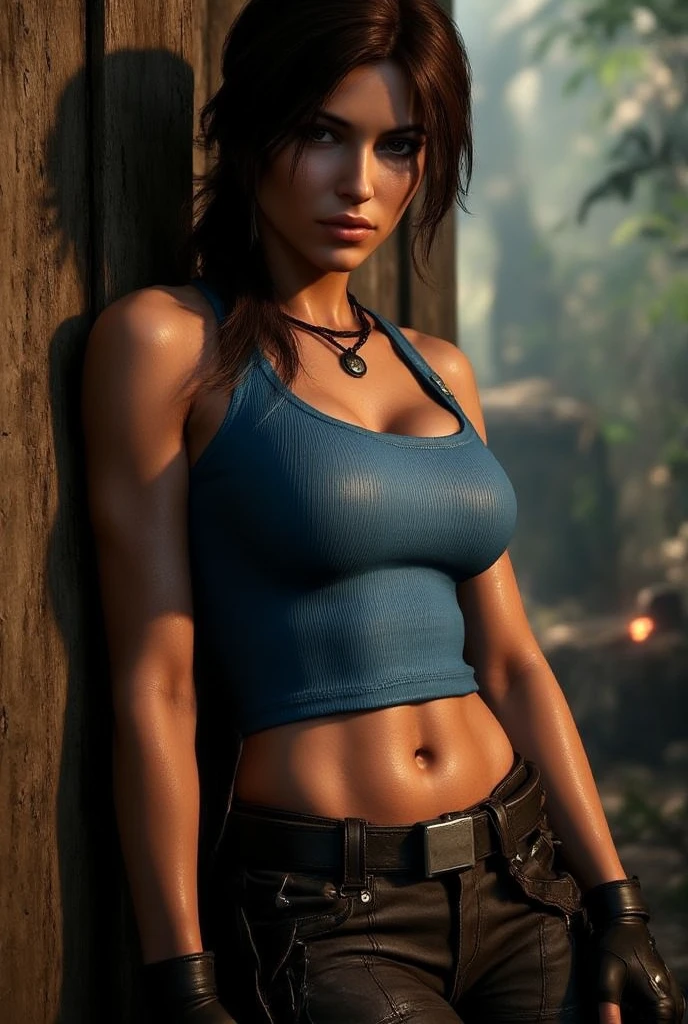 SFW (Lara Croft, large breasts, cameltoe (blue tank top and tan shorts)) standing atop ancient ruins in the jungle
