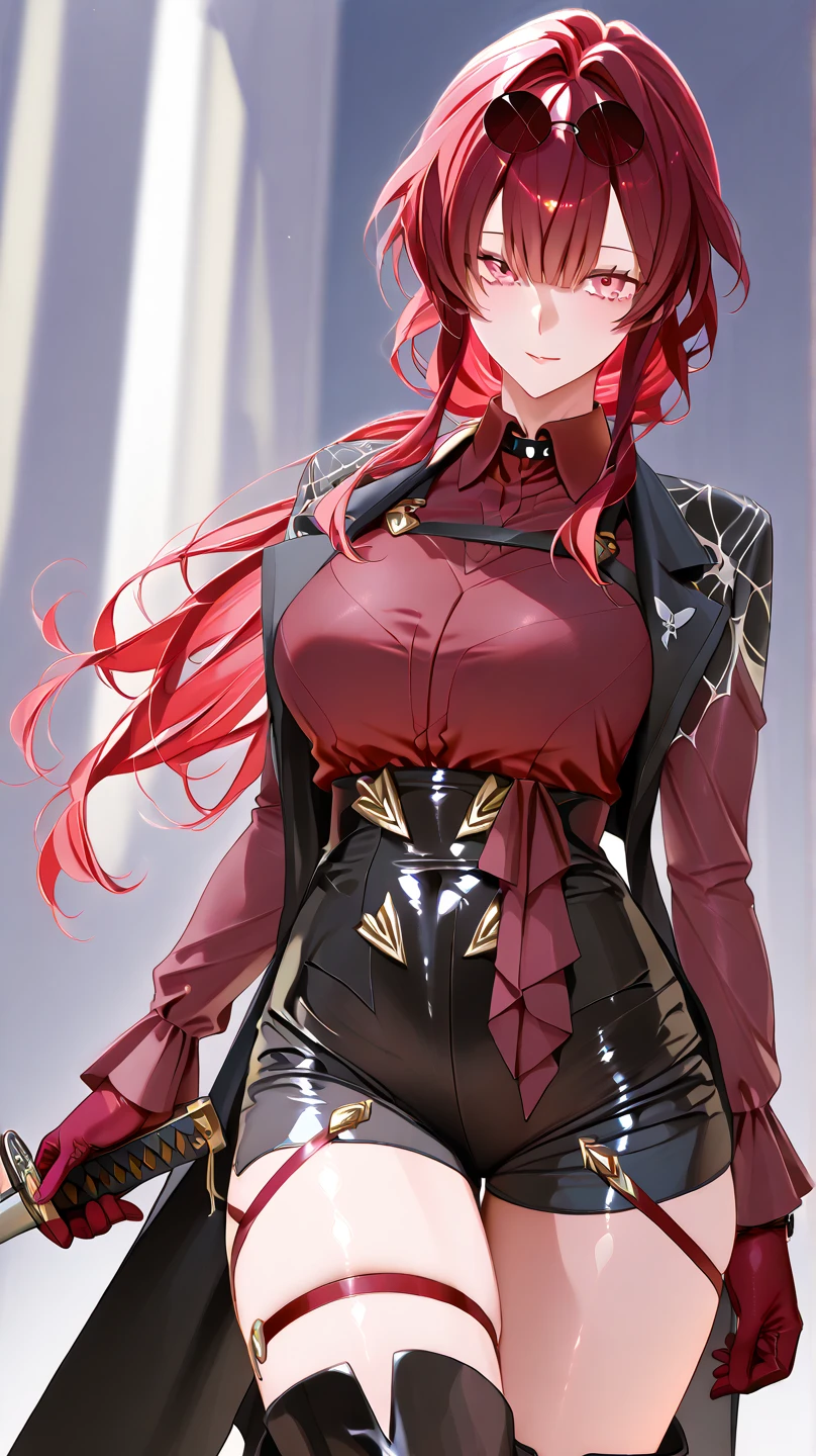 This character is a woman with an imposing and captivating appearance. She has long, flamboyant red hair that falls elegantly over her shoulders and down her back. His eyes are an intense red, adding an aura of mystery and danger. She has a pale complexion and fine facial features, with lips often drawn into a slight, enigmatic smile. She wears a sophisticated outfit, probably a dark uniform or suit, which reinforces her professional and serious appearance. His posture is straight and confident, exuding unwavering confidence.