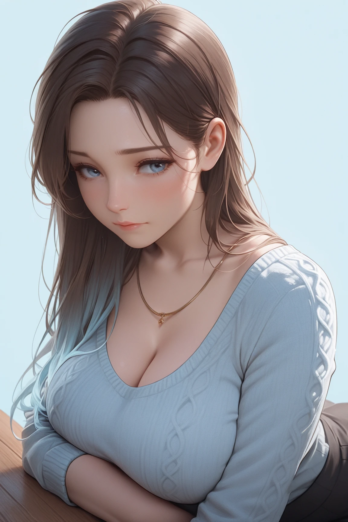 1girl,belle delphine, solo, hair, shirt, looking at viewer, blue background, brown hair, simple background, lips, open mouth, ribbon, hair ribbon, bangs, upper body, parted bangs, black ribbon, nose, gigantic breast, half naked
