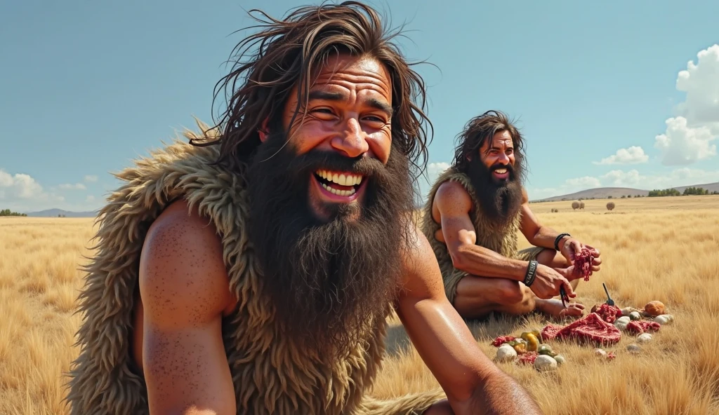 group of cavemen friends 100 years ago.000 years ago, holding a smartphone and taking a selfie, dinosaurs in the background, iphone-15, 