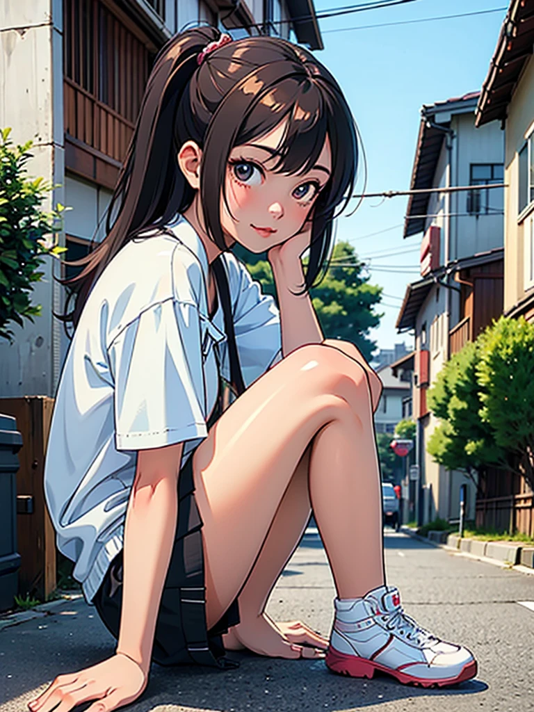 1girl in、A smile、A delightful! The shirt、pleatedskirt、white skirt、(small tits)Squatting panchira、