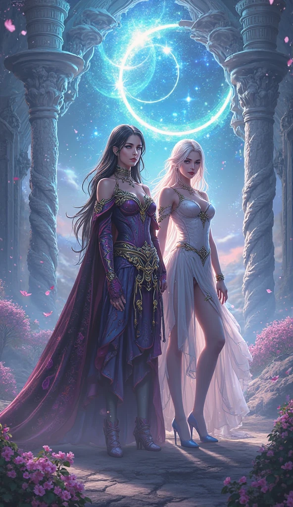 A woman with purple hair and tattoos standing in front of a sky, beautiful fantasy art, heavenly goddess, beautiful celestial wizard, dark astral dress, lunar goddess, astral dress, Trends in digital fantasy art., Moon Goddess, fantasy art style, very beautiful fantasy art, in the style of anne stokes, by Nene Thomas, cosmic goddess, digital art fantasy, amazing fantasy art