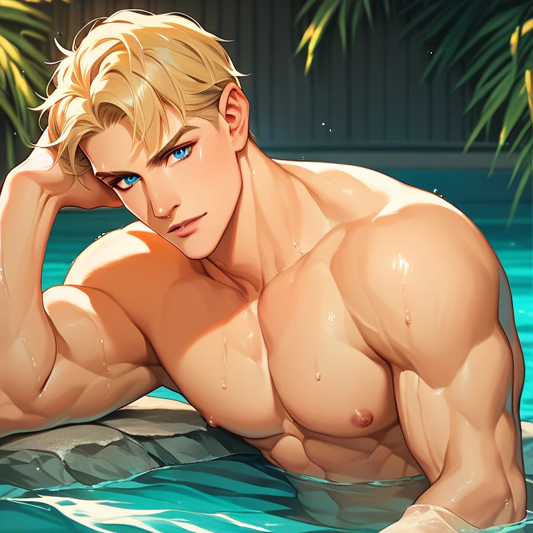 high quality, 1man, (((handsome blonde american dilf))), (((Swim trunks))), (((blue eyes))) (((in Dream pool)))