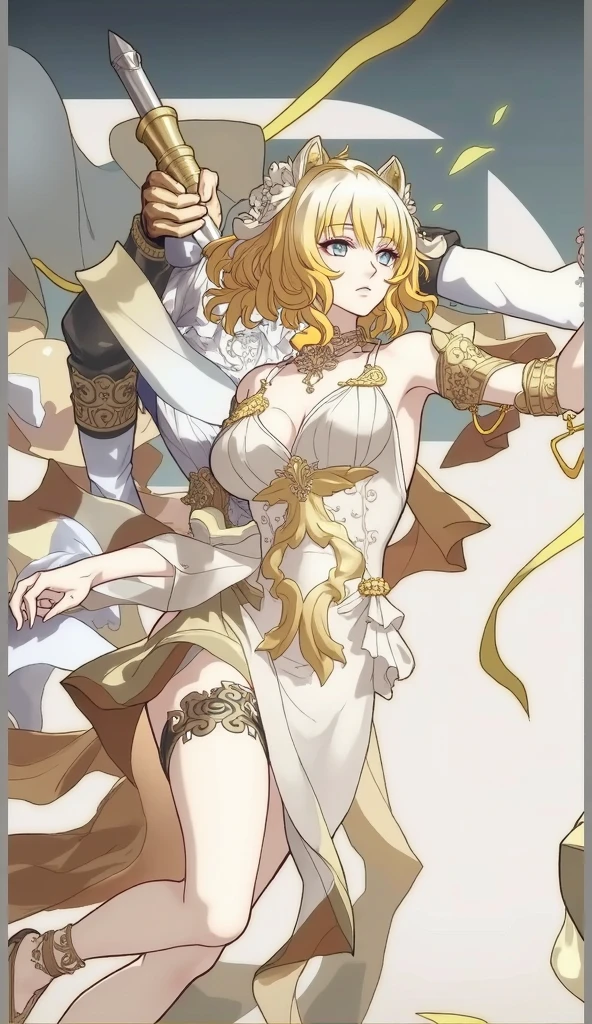 Masterpiece, Best Quality, Ultra-detailed, 1Girl, Solo, looking up at viewer, (appealing:1.1), large full breasts, Yellow hair, Long hair, hair above one eye, (Wavy hair:1.1), Yellow eyes, , (breasts apart:1.3), groin, (pasties:1.3), neck ring, armlet, wristband, (thighlet:1.2), (white veil:1.2), (Hair ornaments:1.1), Navel Piercing, (chaining:1.1), (Gold:1.3), (gold trim:1.2), rozen, the sweat, Spread your legs apart, Sitting, arm up, s whole body, spoken, barefoot, in bed