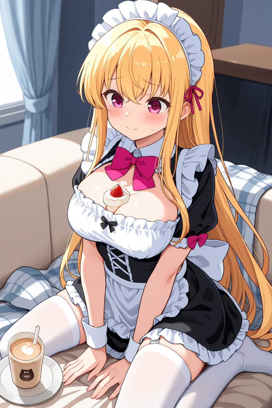 (Best Quality, Masterpiece),sexy, erotic, 1girl, 18 years old, Contempt, pride, long hair, ((blue eyes)), looking at viewer, looking at viewer, warm light, ((big breasts)), ((ashamed)), (((blushing))), (sexy), cum, bedroom, ((panties)), (cleavage), (short skirt), (((panties))), bed, (((maid outfit))), ((big boobs)), (((thick thighs))), (crouching), ((spreading legs))