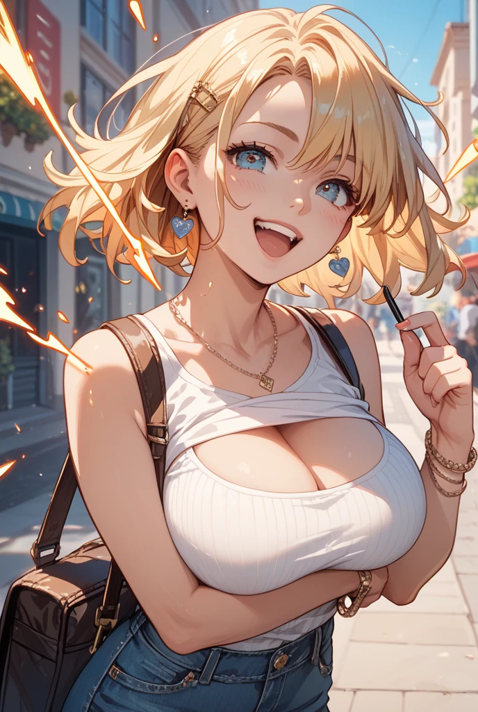 {masterpiece, distinct_image, extremely detailed CG, beautiful eyes and detailed face,realistic, photo realistic, 4k, 8k, high_resolution,perfect_finger, (beautiful_detailed_eyes:1.3), glitter, white_light, (glow_white_face, front_light:1.3), summer_light{1girl, face_focus,cowboy_shot, looking for_in_viewer, standing, (Perfect V-sign pose:1.5) },{adult, curvy, (huge_breasts, wide_hip:1.3), navel, skinny_stomach,tight_gap, groin (white_Y-shirt, sky_blue_short_skirt, cleavage,, brown_colored_cardigan, tanning_skin, brown_skin, white collar:1.5), (yellow_hair, green_eyes, long_hair, ponytail:1.3), hime_cut, (half closed eyes, smiling face:1.3), sweat, Japanese_Anime_blue_sky_background, under green tree background }