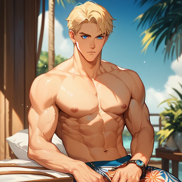 (tmasterpiece,超高分辨率,16k UHD,high qulity),low tune,lifeguard,Alpha male,(Handsome and strong uncle:1.8), (dregs:1.8), Seaside, (Sit in a chair outside the ice shop:1.8), looking at viewert,Shirtless, Briefs,tmasterpiece,(Short blonde hair),Blue eyes,(roast), ssmile, (White clip foot dragging), Seoul, (dregs:1.5),(small heads),Precise anatomy,Precise hand structure,white swim trunk,Unity 16K wallpaper,concept-art,One guy,8K eyes,sand beach,bench,(((Mature male))),((largeeyes:1.3)),(extra very short hair),((1 American Bizo)),swim trunks,(photorealiscic face:1.8),broad shoulder,slips,(full bodyesbian:1.8),Male 35