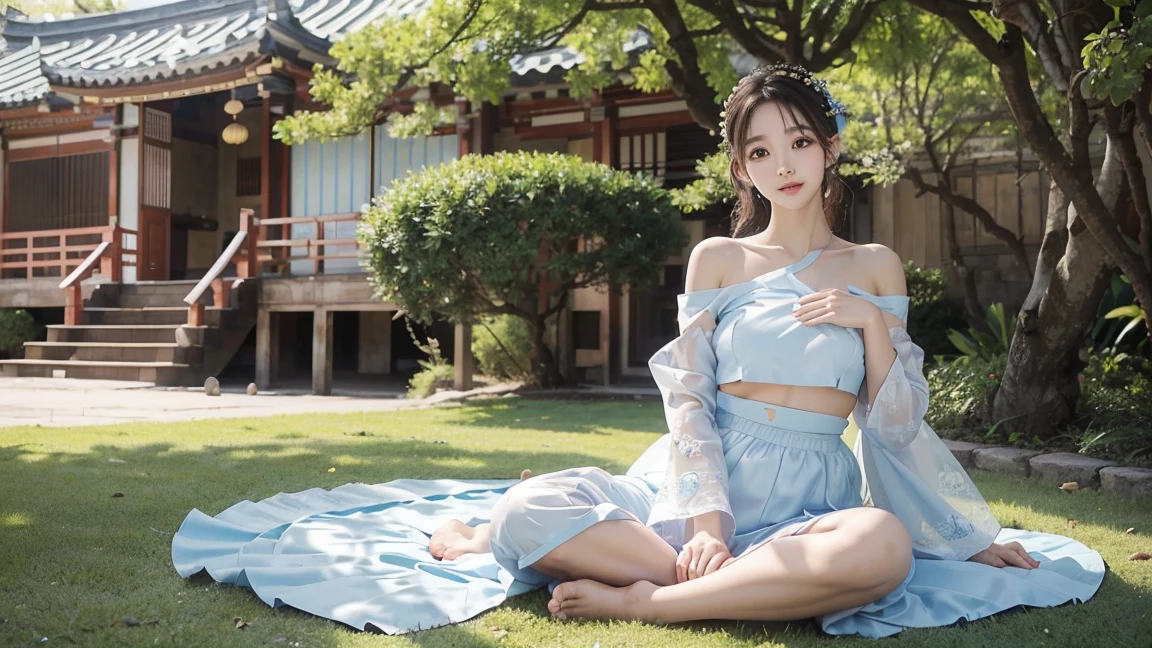Fifteen-year-old girl sitting on the porch watching the audience,There were flowers and windows, Moe art style, Delicate ancient girl, A princess dressed in Han costume, Cute girl, Young ancient girl, Cute girl,Barefoot,Long white legs,big assa,Watery eyes,Bigchest,Shy,Be red in the face,ssmile,Realistic portraits,professional photoshooting(1.0),with no underpants,Detailed skins,Smooth floor,Chinese Ancient Architecture,Realistic facial features,shadowing(1.5),Natural soft light(1.4),超高分辨率,realisticlying(1.6),(Masterpiece,A picture)