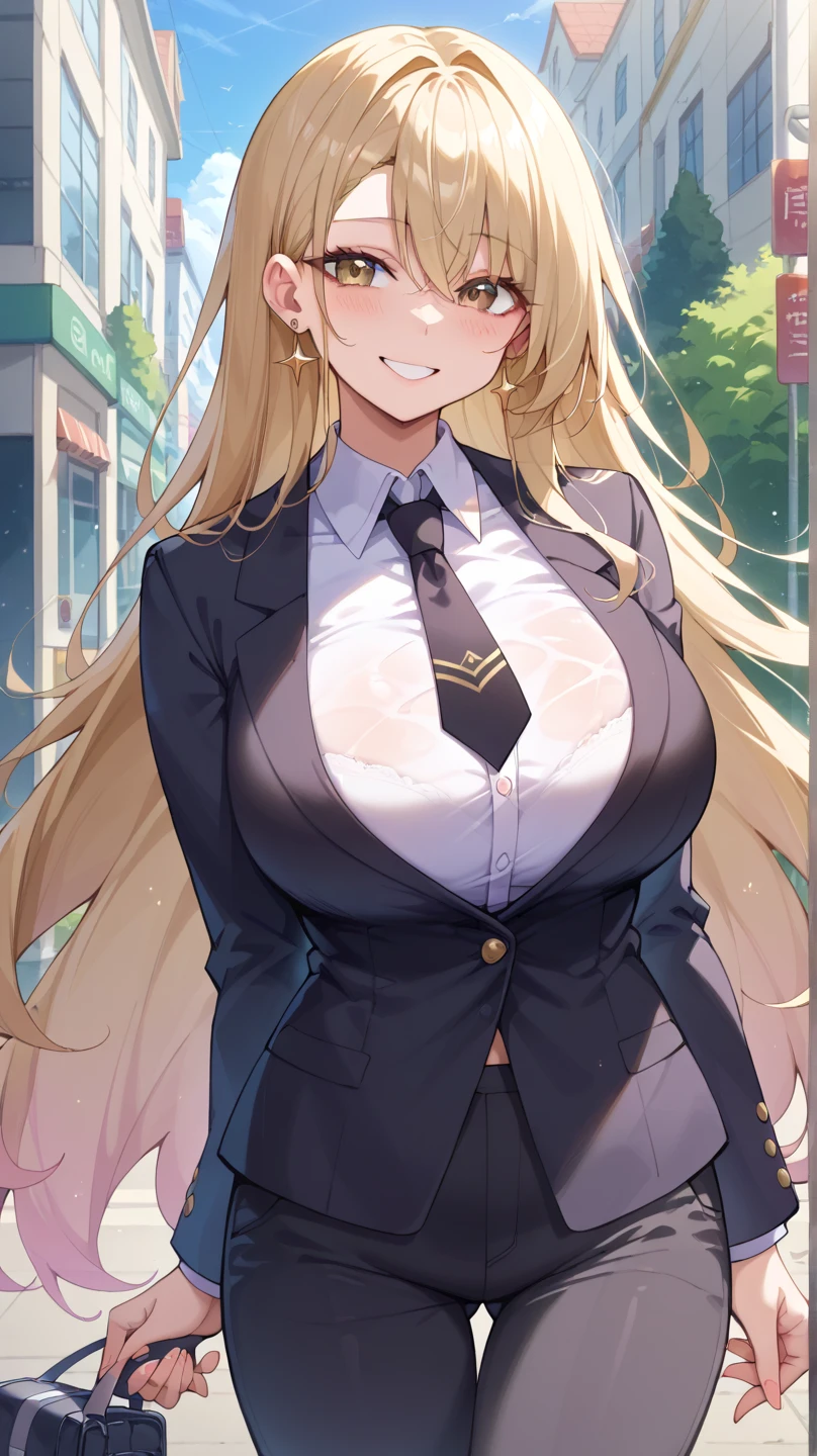Blonde ponytail, busty, cleavage, unbuttoned school uniform, skirt, smiling, (blushing:1.3), classroom background, leaning forward on table, (pov), glowing eyes, necklace, earrings, (condom on table)