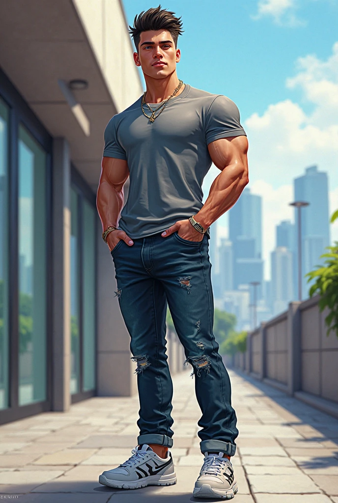 shirtless super muscular sweat-drenched 23-year old short black hair handsome caucasian male, tattered jeans, sneakers, standing, in the park