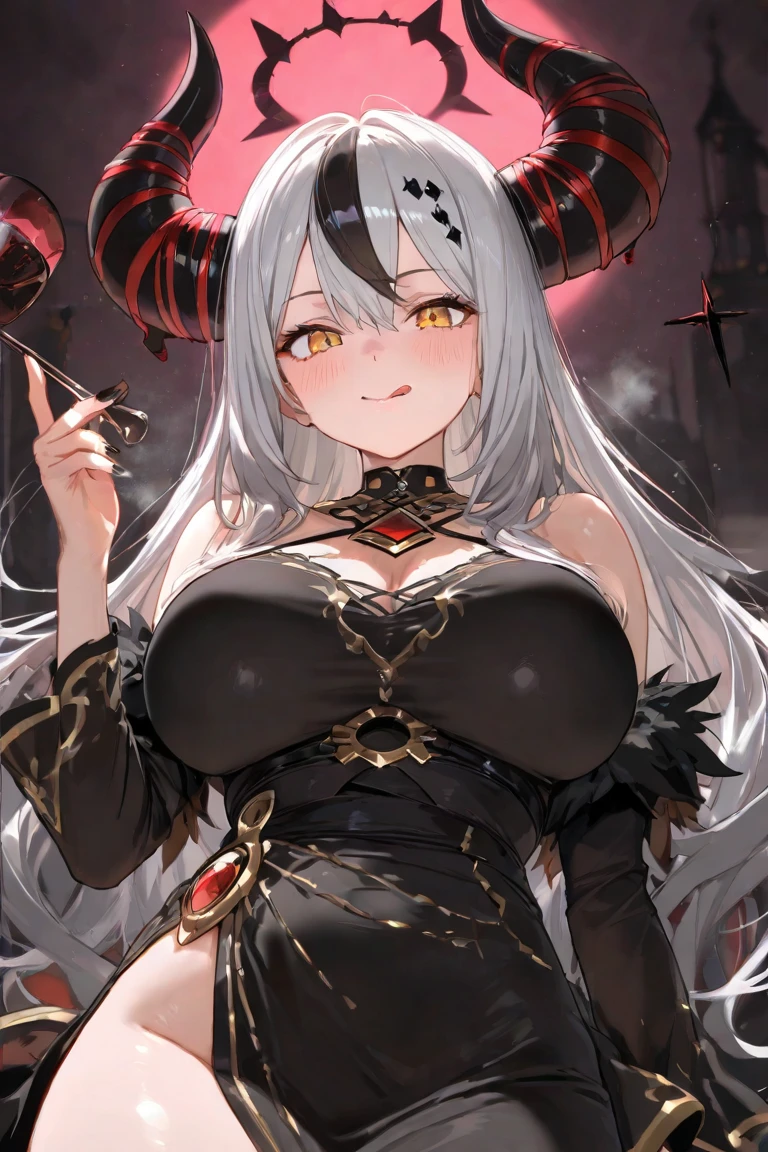 (dynamic angle:1.3, front view:1.1, breast focus:1.3, from below:1.2), (dynamic posing:1.5, sexy posing:1.2, leaning forward), (seductive smiling:1.3),(*K) HD, highest quality, Anime style beutiful woman, 1girl,fullbody, happy, (with sparkling eyes and a contagious smile:1.2), red face, closed mouth, beautiful detailed eyes, super detailed skin, backlighting, bare shoulders, black background, black dress, black gloves, silver hair, breasts, dress, earrings, fingerless gloves, floating hair, floral print, flower, gloves, gold earrings, gold hairband, hair flower, hair ornament, hairband, holding, holding two-hands weapon, jewelry, large breasts, long hair, looking at viewer, off-shoulder dress, off shoulder,red eyes, short hair with long locks, sidelocks, solo, spikes, thighs, two-sided dress, two-sided fabric, weapon, fighting stance , face, close up, from above, highest quality, high resolution,Real World, Natural light,perfect Natural light,looking at viewer,