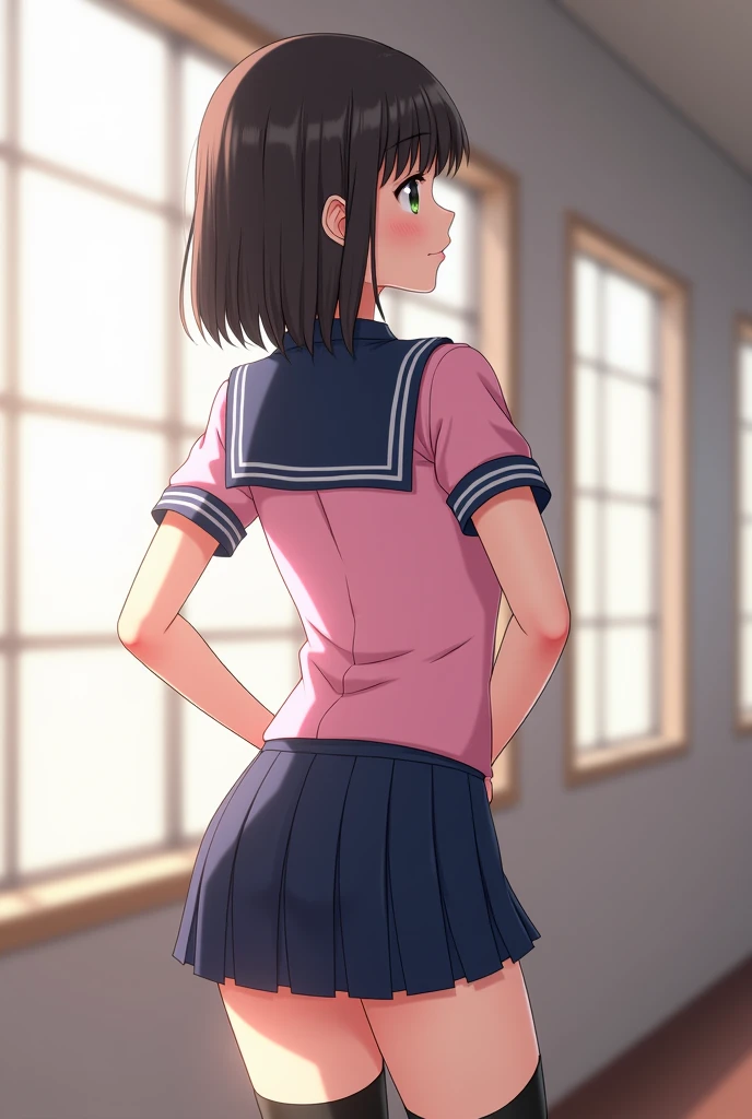 Tomo Takino, black hair, short hair, messy hair, seifuku uniform, red seifuku top, brown skirt, socks, brown shoes, breasts, looking back, back of view, firm butt, side pose, standing upright, hands placed onto her hips/waist, sexy backside, japanese