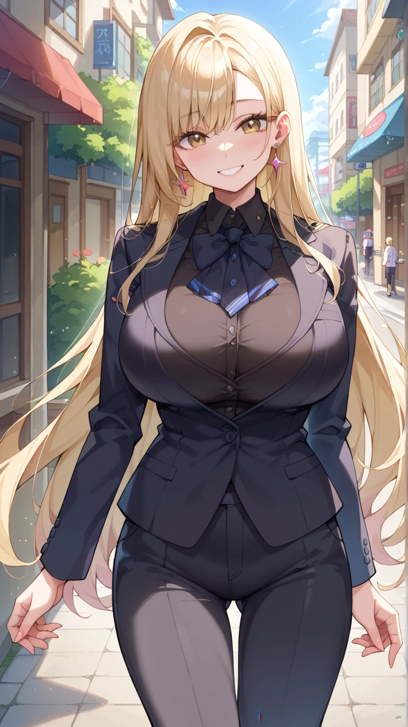 blonde hair color,long hair,hime cut,light brown eyes,corset, black long skirt,earrings,huge breasts,Whipped thighs,slender,near,street background,SFW,perfect,high quality,faultless,smile