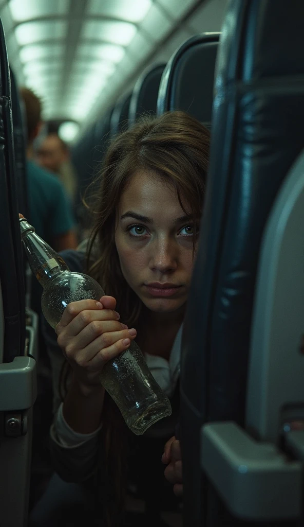 A blond man with a grenade in his hand on a plane and next to him Megan Fox