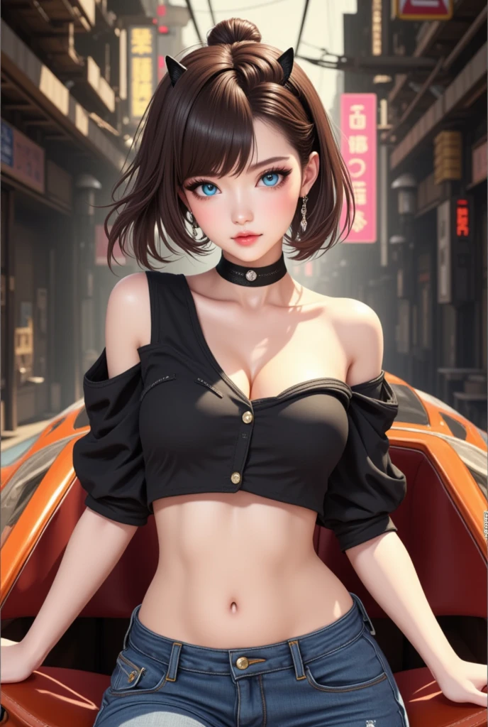 (1woman, mature, hair ponytail, strapless crop top,jeans, leather jacket, big long jhumka earrings, detailed alluring eyes, smooth detailed lips, beautiful face, smiling, red lipstick, navel, bangles, saggy breasts, photorealistic, 8k, hyperdetailed, vibrant colors, studio lighting, masterpiece, cinematic composition, dramatic lighting, intricate details, highly realistic skin textures, volumetric lighting, beautiful intricate jewelry, warm color palette, natural lighting, elegant pose, beautiful detailed expression, hyper realistic rendering, seamless blending, flawless skin, glowing skin, delicate features, breathtaking realism, striking composition),tall , necklace, bangles ,navel,full body view