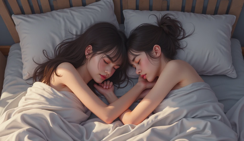 A glamorous love hotel,Lying in bed,A Japanese woman has her arm around another woman&#39;s, Captivating woman, 4K Manga Wallpaper, Gwaites style artwork, anime art wallpaper 4k, anime art wallpaper 4k, Anime Art Wallpapers 8K, Beautiful and attractive woman posing in white underwear, Japanese woman with bob cut lying down, Wicked Smile, A Japanese woman blushing and looking away, Random Pause,2 Japan women,A real young gravure idol,  Young and beautiful gravure idol, 8k)), Young Sensual Gravure Idol, Wet, Shiny skin!!, Glossy silver, ((Beautiful Skin)),((Skin Texture)),((Real Touch)), healthy,unreddish skin, Beautiful clavicle,  ((Embellished Detail Bra,Sensual)),