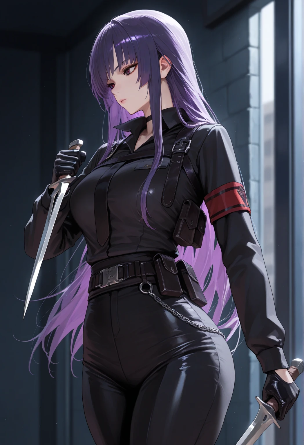 A beautiful adult with long lilac hair, big breasts, beautiful legs, and a sharp face stands blushing while wearing a tube top and a black miniskirt.。