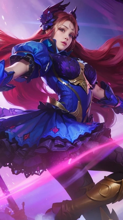 ((Best Quality, 4K, Masterpiece: 1.3)), (Detailed: 1.4), Reality, 1girl, a woman with long red hair and a sword in her hand, katarina, league of legends character, samira from league of legends, league of legends character art, miss fortune league of legends, fuchsia skin below the armor, splash art, style artgerm, style league of legends, Big Breast, Huge Breast, Nice Thigh, A woman with red hair and blue dress, 4K, HD, Ultra Realistic, extremely detailed, tfft
