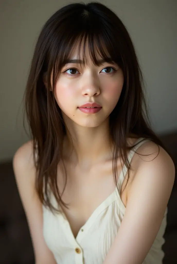 best quality, face focus, soft light, ultra high res, (photorealistic:1.4), RAW photo,
1japanese girl, solo, cute, (pupil, lights in the eyes),  detailed beautiful face, (small chest),(high resolution detail of human skin texture),
(long hair),
indoor,
Damask Shirt Dress,
(portrait)