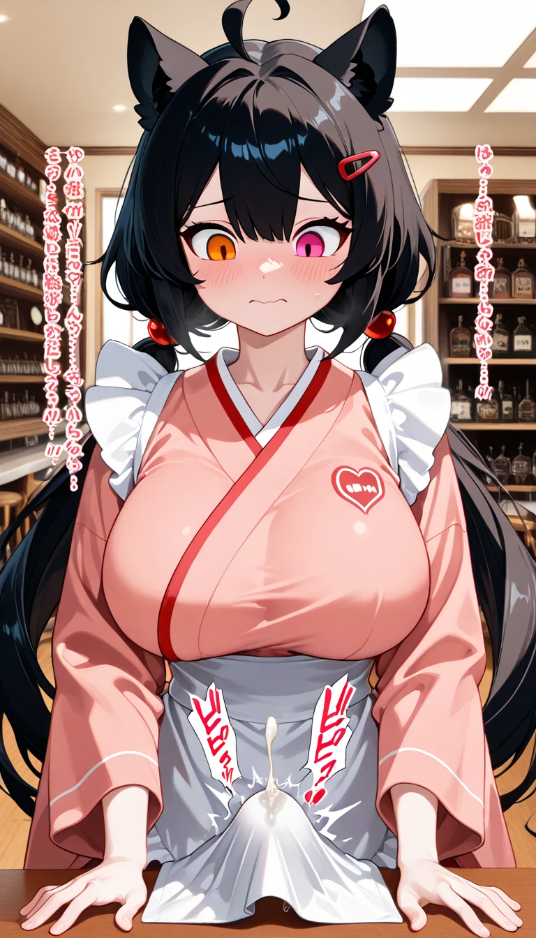 alone, One girl、Crown braids in the same color as your hair, hair ornaments, Hair Ribbon,(Purple kimono with flower motifs)、Red Eyes、Black Hair、(blush:1.5)、(Embarrassed face 1.6)、Larger breasts、Dressing room