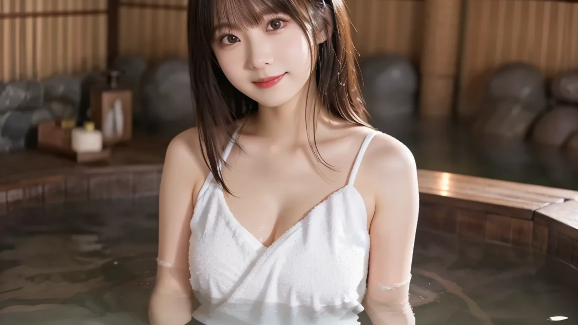 (8k, Top quality, Masterpiece:1.2), (Realistic, photo-realistic:1.37), Super detailed, perfect anatomy, cute, small eyes, 18 years old, a Japanese, girl, bikini, sauna room, huge breast, bangs, wet body, half smile, wet hair,