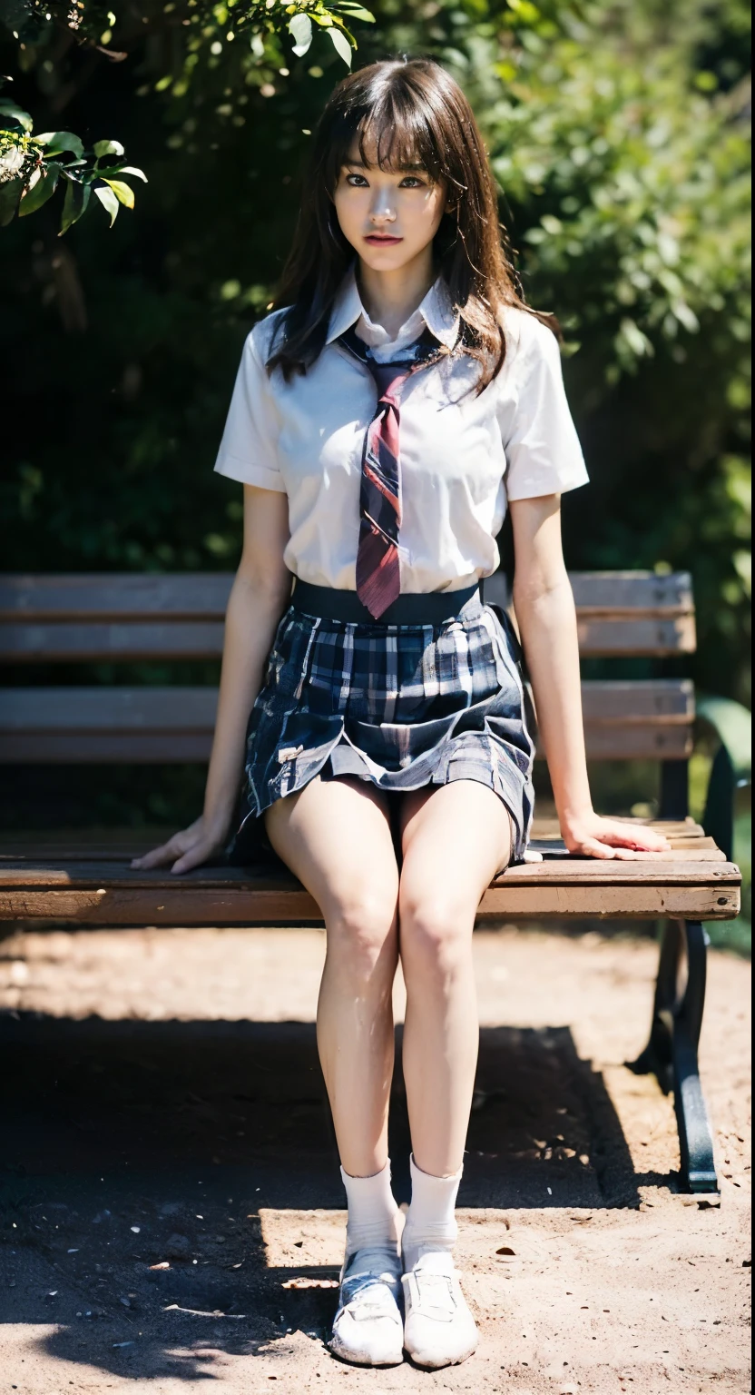 ((masterpiece)), ((highest quality)), (Super get used to it), ((cute)), cute, ((sexy)), (get used to it), ((very get used to it)), 4k, (8K), highest quality, (beautiful), hyper cute face,hyper genuineistic, genuine, (((from below))), (whole body), close, thick outline, clear outline, ((Park bench during the day when cherry blossoms are in full bloom)), (1 girl, cute girl:1.5), (high school girl uniform :1.5), beautiful light brown hair, beautiful brown eyes, ((beautiful eyes)), (sit on a park bench, look up at the cherry blossoms, mini skirt:1.3), short hair, big breasts, smile