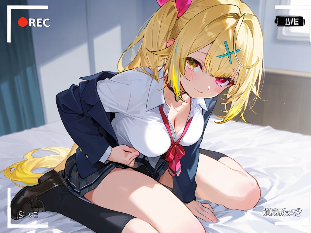 Studio Apartment Rooms Middle school girl, 14 years old, gal, A cup breasts, blonde, long pigtails, red ribbon in pigtails, purple eyes ((one person)) White long sleeve blouse on the upper body, navy blue mini skirt on the lower body, blue tie, white and light blue horizontal striped panties, black socks, Otaku's room Lying in bed Knees up, legs slightly apart((I can see her panties)) Angle seen from the feet Dynamic Angle Low - Angle