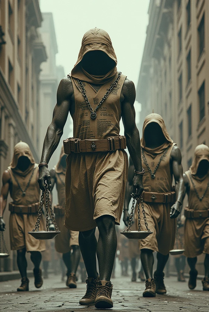 Slaves tied with chains walking through a gray and futuristic city, in the style of a modern painting