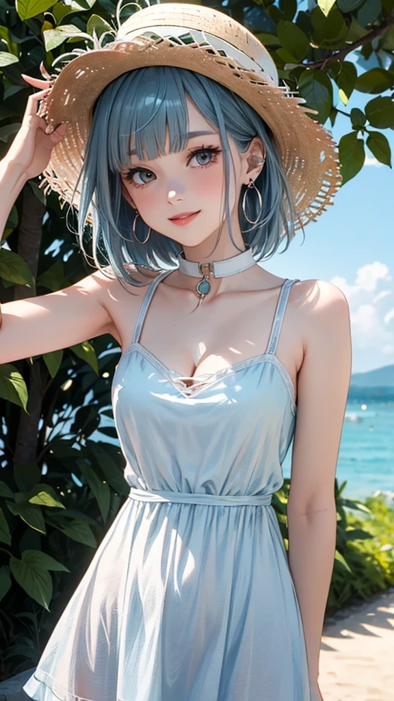 Grey Hair　Short Hair　Dark blue eyes　Seashell hair ornament　Yellow Mermaid Ruffle Dress　Clear blue sea　Light of the sun　beautiful　beautiful girl　smile　live-action